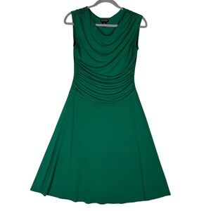 En Focus Petite Dress Womens 8P Green Cowl Neck Ruched Fit & Flare Knee Length